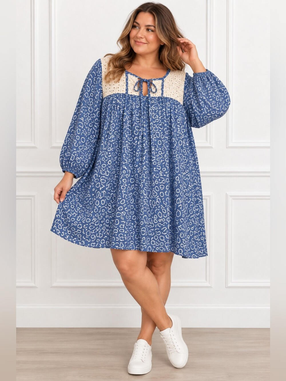 Sugarfox Blue & Cream Boho Midi Dress Eyelet Lace 1X NWOT